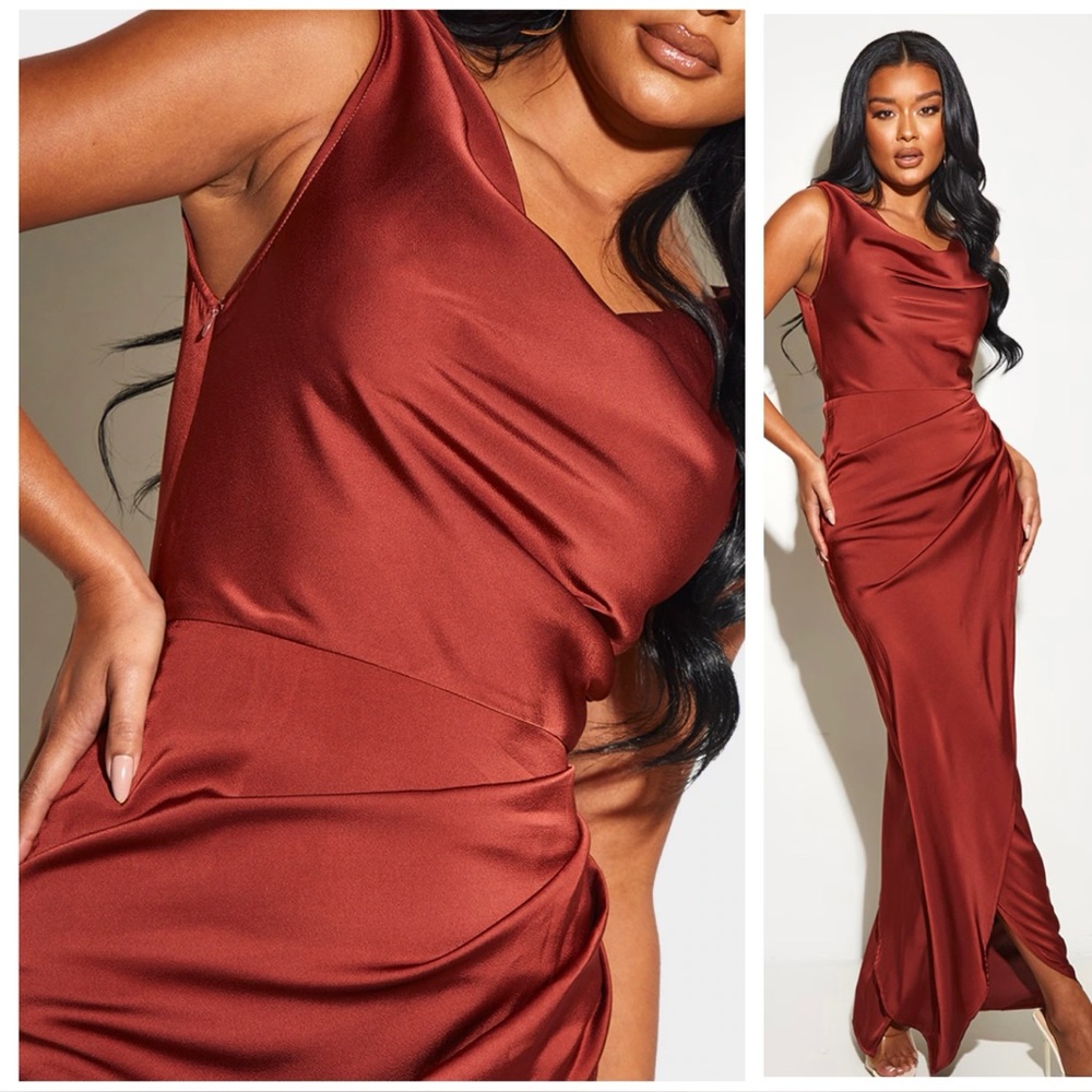 NEW Pretty Little Thing Womens Sz 12 Burgundy Satin Cowl Neck Draped Dress Gown